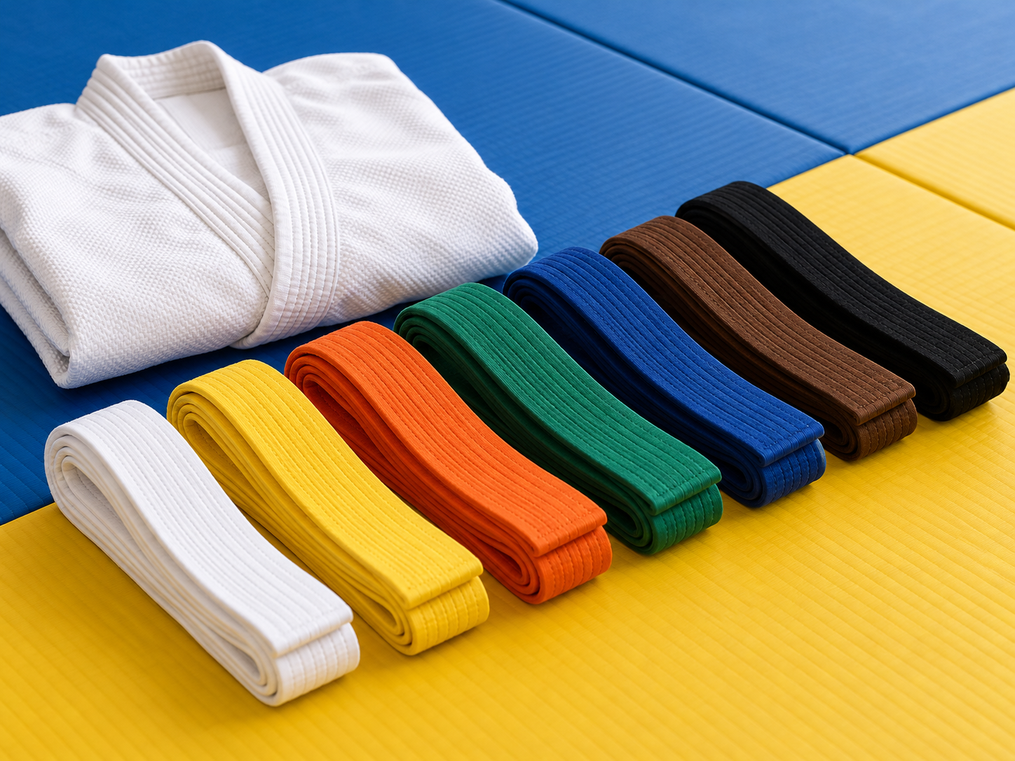 Judogürtel verschiedener Farben neben einem weißen Judogi